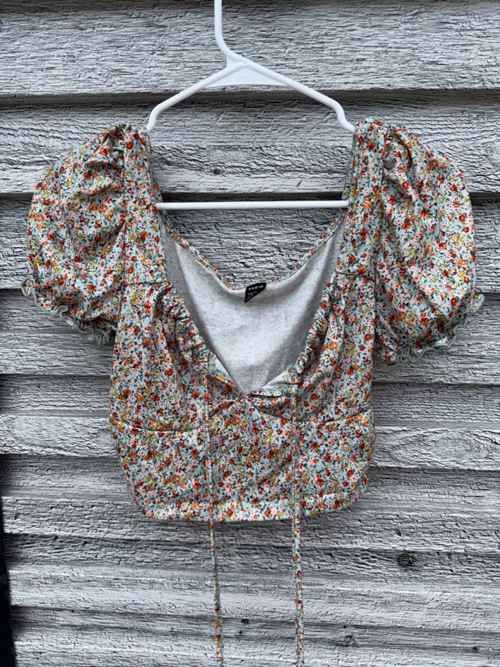 Mint Floral Puff Sleeve crop top with Orange & Yellow Blooms